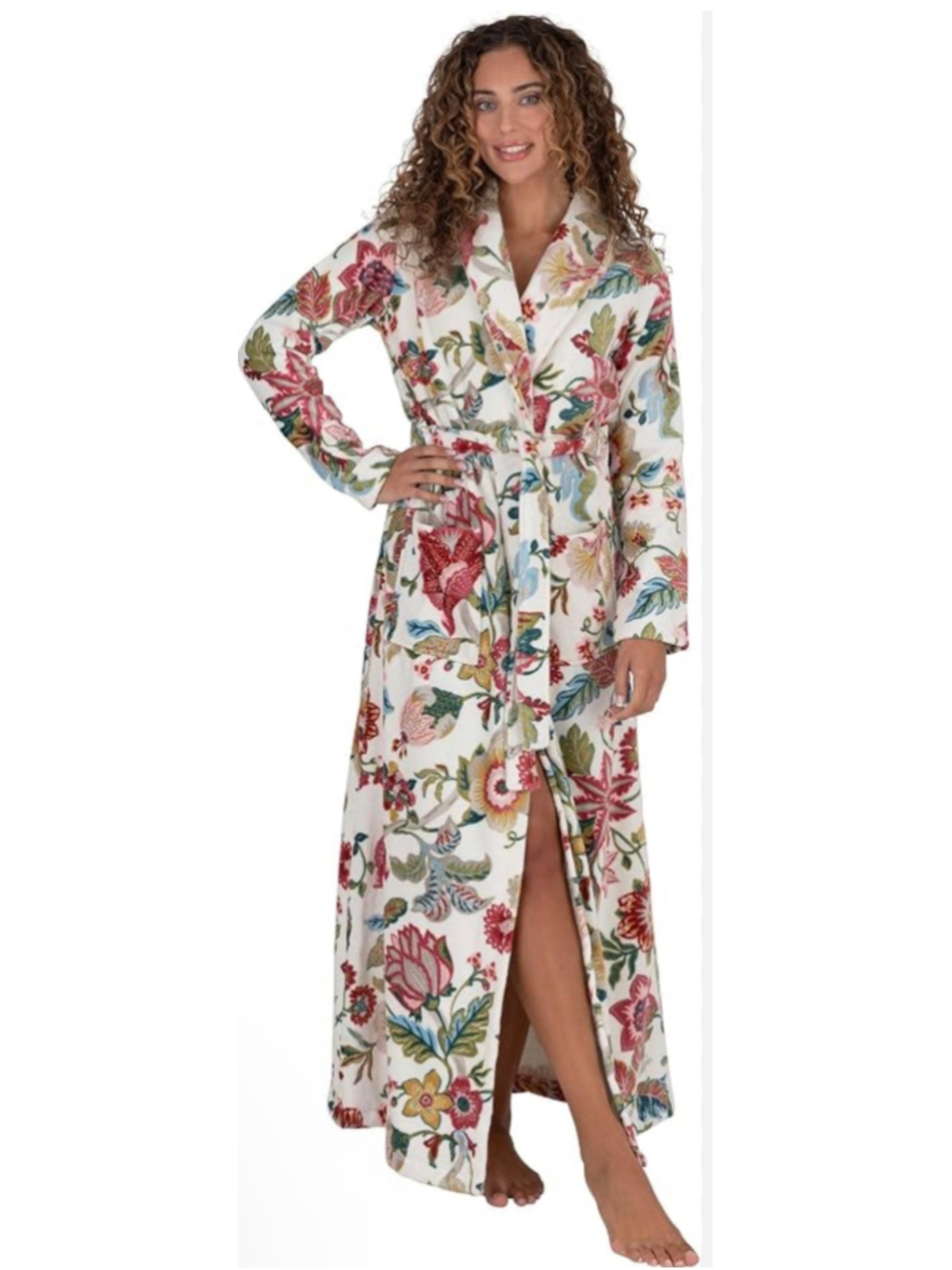 Be Relax Floral Terry Cotton Hooded Robe S White Multicolor Chic Luxury Boho